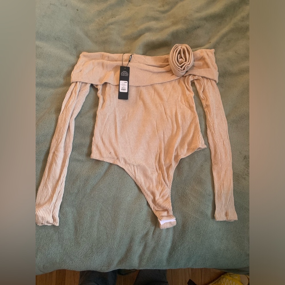 Fashion Nova Knit Off The Shoulder Sweater Rosette Bodysuit Nude Beige